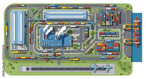Aerial View of a Busy Industrial Area with Transportation.