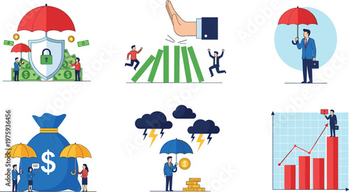 Financial Protection and Risk Control Illustration Set with Insurance Coverage, Business Security, Investment Growth, Crisis Prevention, and Economic Stability Concepts