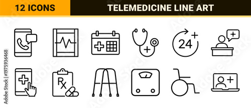 Telemedicine and digital health minimalist line icons on white background