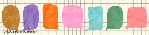 Cute colorful vector scrapbook speech bubble shapes, crumpled paper text box elements for backgrounds, posters, zines and collages