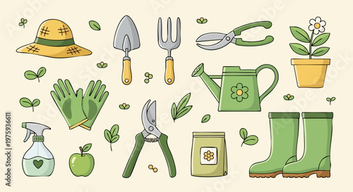 Gardening tools vector set, hand drawn garden equipment icons, green watering can and rubber boots, spring planting and horticulture collection
