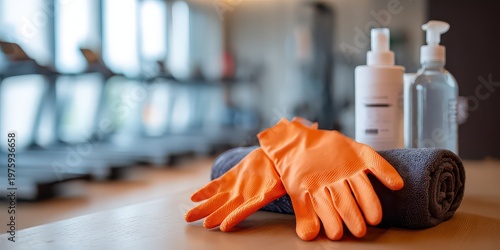 Bright Orange Cleaning Gloves Folded on a Dark Towel Next to Two Dispensers on a Gym Floor with Blurred Treadmills in the Background Warm Lighting Highlights the Surface