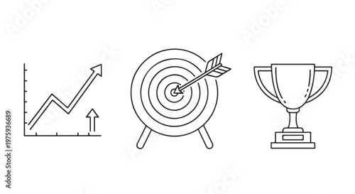 Minimalist business success icons set, black line art growth graph with bullseye target and trophy, professional achievement vector elements
