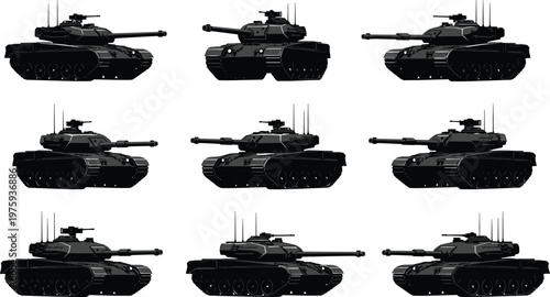 Military battle tank silhouettes set with armored vehicle icons isolated on white background, heavy weaponry vector collection for army defense and war game design.