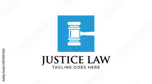 Vector graphic illustration of a justice law logo with a gavel and blue square design element for legal services