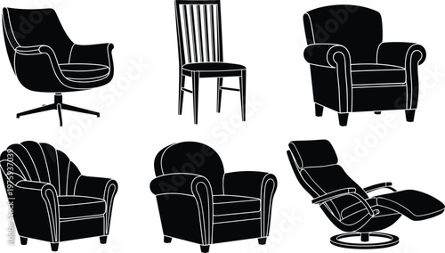 Modern and classic armchair silhouettes set with dining chair and recliner icons isolated on white background, black furniture vector collection for interior home decor design.