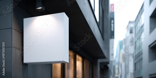 Blank White Square Signboard Illuminated By Spotlight On Dark Building Facade In Urban Alleyway With Soft Natural Light On Overcast Day And Blurred City Background
