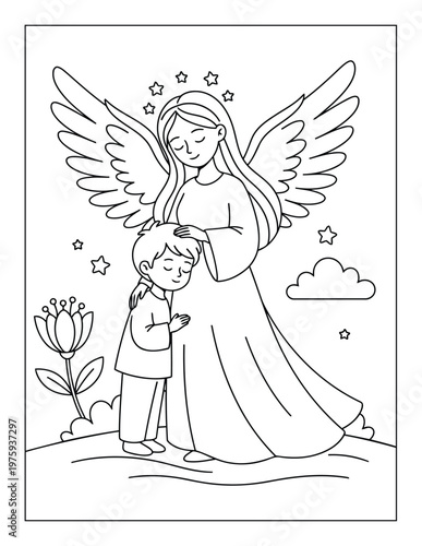 Guardian angel comforting child with gentle embrace under stars in sky coloring page