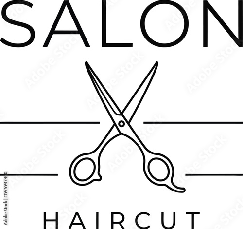 A vector graphic illustration of a salon haircut logo with scissors and text on a white background for beauty and hairstyling services