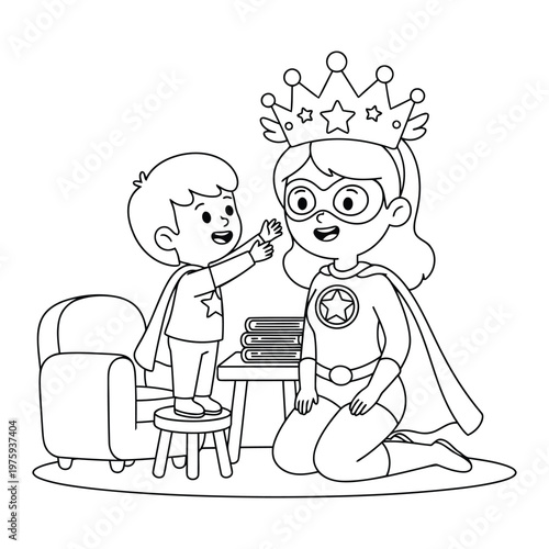 Super mom queen superhero kneeling with child showing love and care at home coloring page