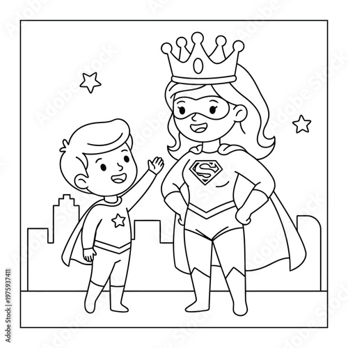 Super mom queen superhero with child in city showing love and strength coloring page