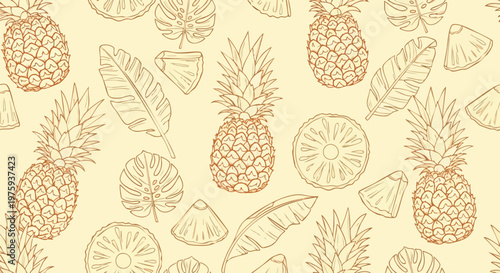 Vintage pineapple seamless pattern vector, hand drawn tropical fruit and monstera leaf background, retro botanical sketch wallpaper for summer textile
