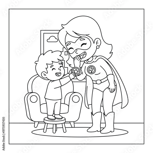 Mothers day superhero mom smiling with child medal love coloring page