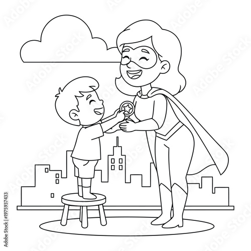Mothers day superhero mom receiving medal from child love coloring page