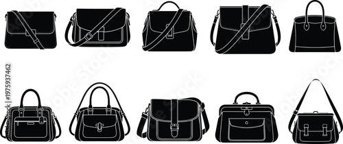 Set of black flat silhouettes featuring various women handbags, shoulder bags, messenger satchels, and fashion purses isolated on white background for retail shopping vector illustration designs.