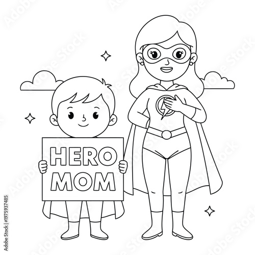 Superhero mom child holding hero mom sign with cape coloring page