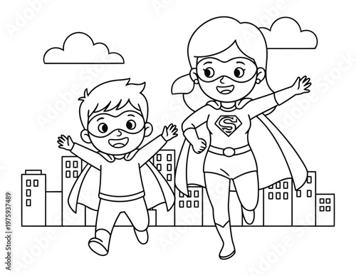 Superhero mom and child flying in city sky joyful action coloring page