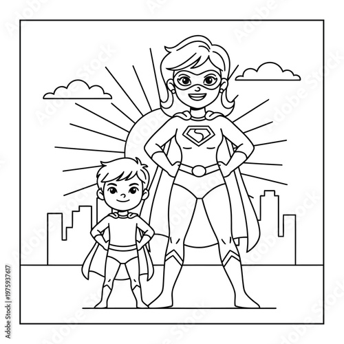 Superhero mother and boy with sun rays city background coloring page scene