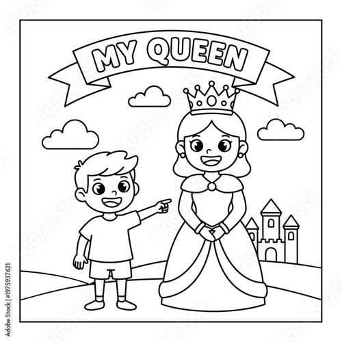 Mother day queen coloring page with kid pointing at princess in castle scene
