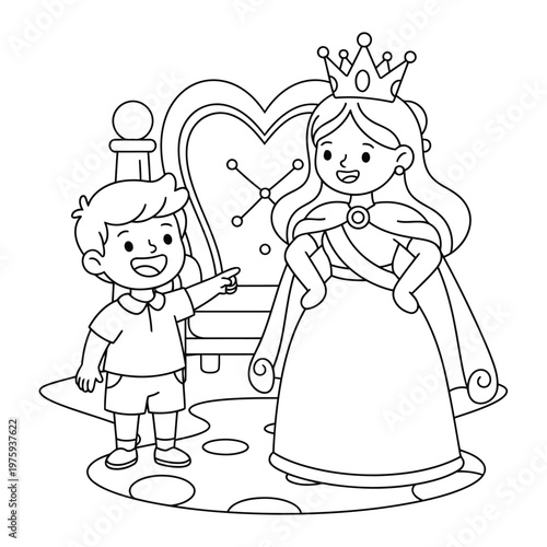 Queen mother with child pointing at throne royal coloring page scene design