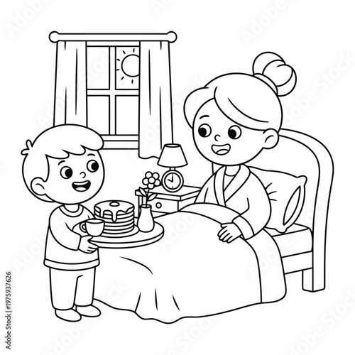 Mother breakfast in bed coloring page with kid serving pancakes morning scene