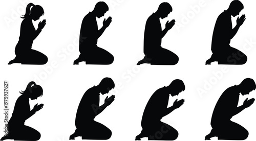 Set of black silhouettes featuring men and women kneeling in prayer with hands joined together for religious faith spiritual meditation and worship concepts.