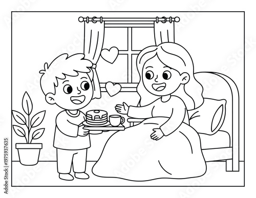 Mother breakfast in bed coloring page with kid serving pancakes love scene