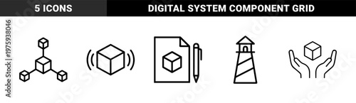 Minimalist isometric cube and modular technology line icon set