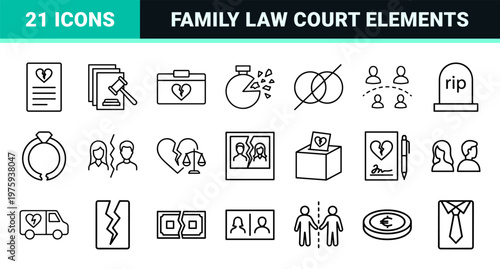 Minimalist divorce and legal separation line icons with broken rings and heart symbols
