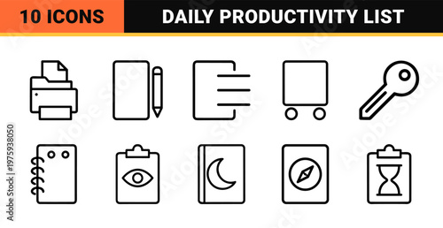 Productivity and task management linear icon set with checklist and calendar