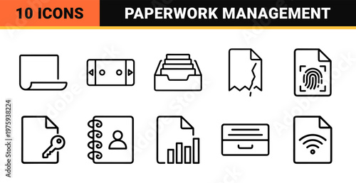 Digital document and office paperwork line icon set