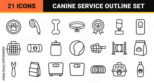 Pet care and dog supplies minimalist outline icon set