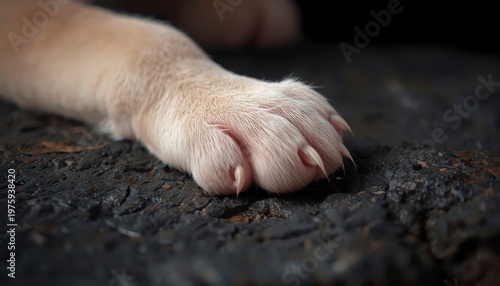 Extreme macro of a cat paw with sharp claws extended on dark textured ground