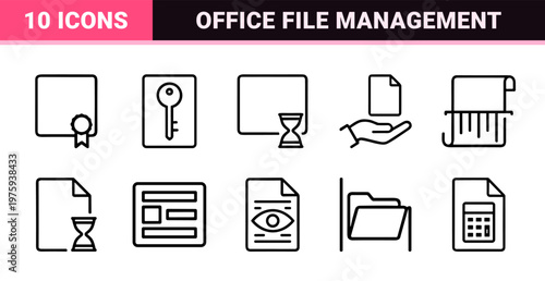 Paperwork and document management thin line icon set