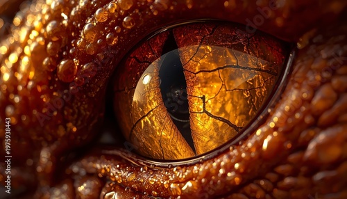Extreme macro of a magnificent dragon eye with golden amber scales and liquid droplets