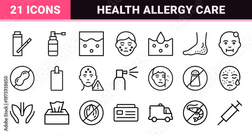 Allergy and medical symptoms minimalist outline icon set
