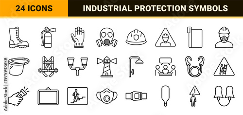 Industrial safety and work protection minimalist line icon set