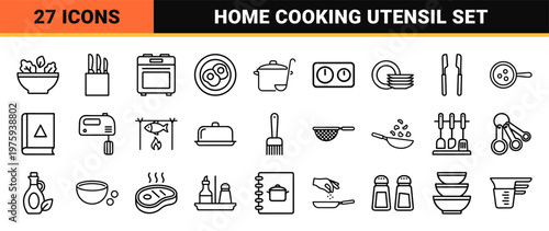 Culinary and kitchen line icons with cooking tools and chef equipment.