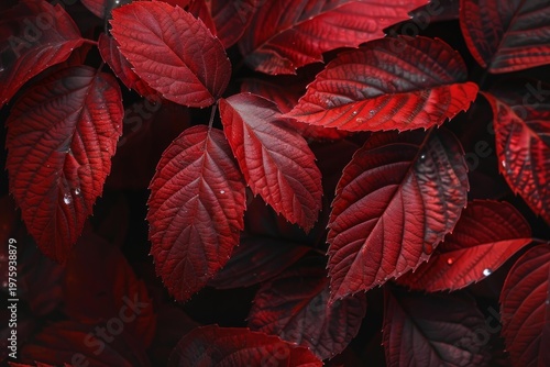 Close up of wet, vibrant red autumn leaves forming a beautiful natural pattern