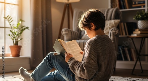Boy engrossed in reading a book on the floor at home, bathed in warm natural light, fostering education and imagination.