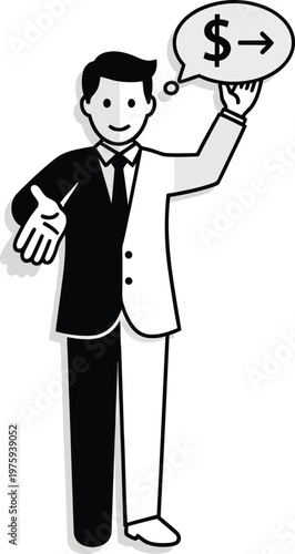 Businessman shows a speech bubble with a dollar sign for financial gain.