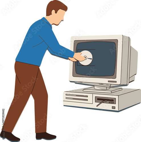 Technician inserts a compact disc into an old vintage desktop computer.