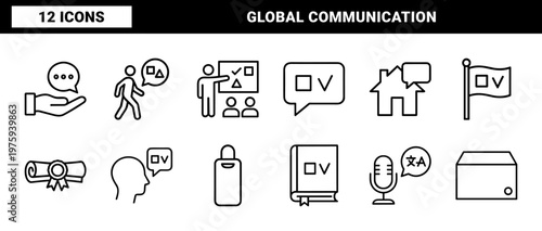 Minimalist language translation and global communication thin line icon set