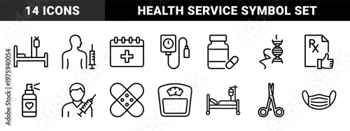 Healthcare and medical check up line icon set