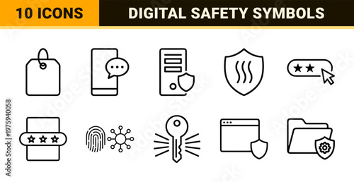 Cyber security minimalist outline icon set for data protection and network safety