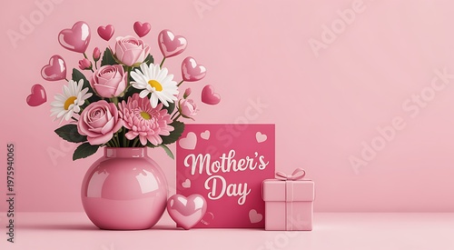 Pink Mother's Day bouquet flowers vase with gift and card