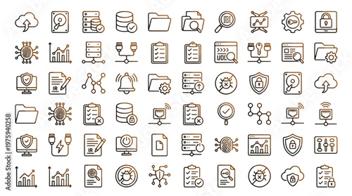 Network Security Icon Set in Linear Style. A collection of cybersecurity linear icons, including data encryption, cloud server, firewall, biometric scan, malware, database, privacy, and more. Vector.