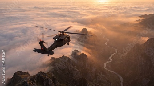 Military helicopter flying over mountains and clouds at sunset