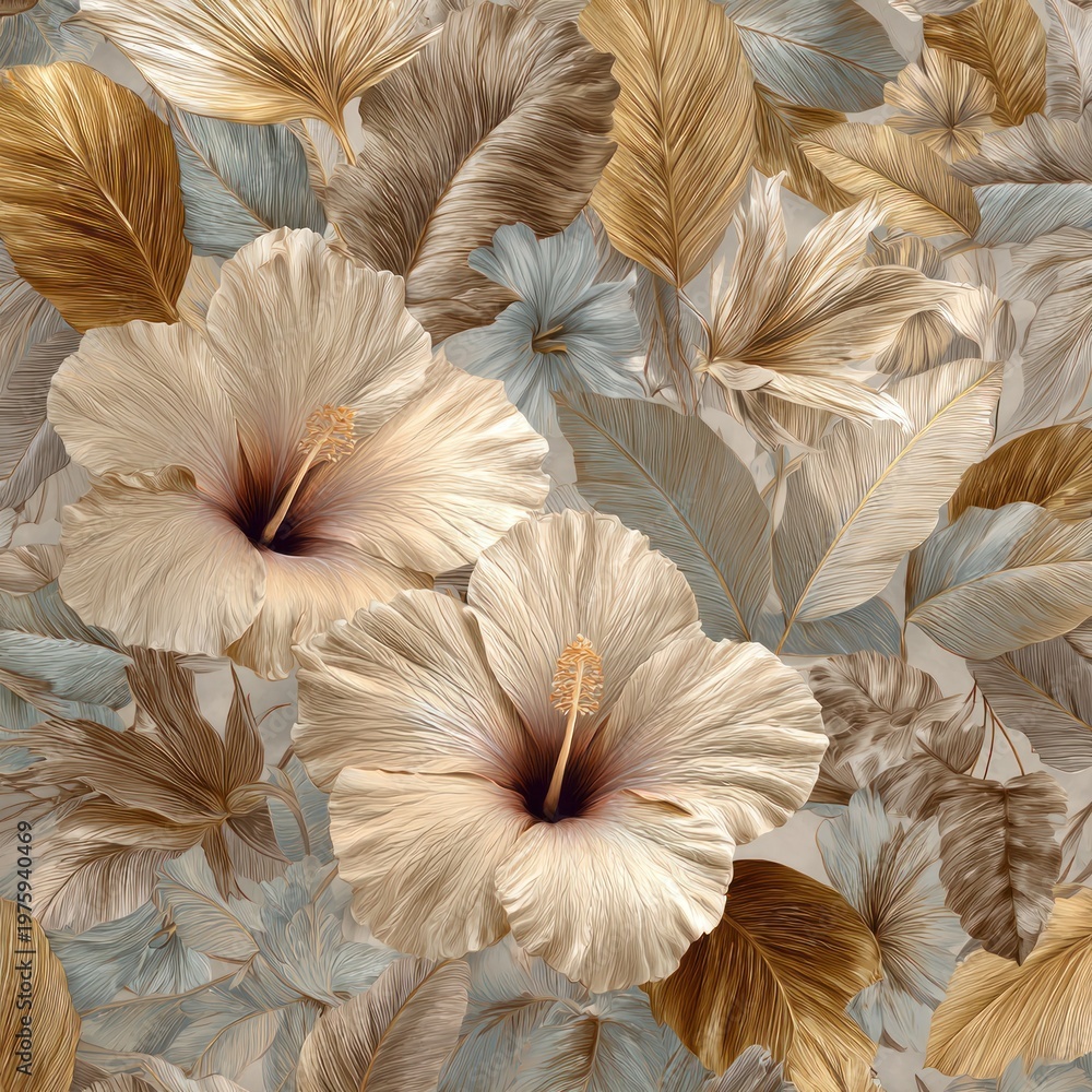 Fototapeta premium Elegant floral arrangement featuring hibiscus blossoms and decorative leaves