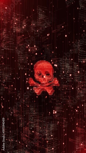Cyber Attack Malware Alert with Red Digital Skull Code crossbones on a dark background filled with binary code. Perfect for illustrating hacking, ransomware, cyber warfare, and computer virus threats.
